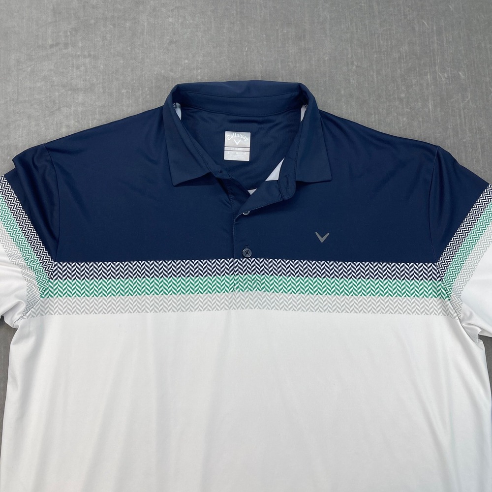 Callaway Mens Large White Navy Blue Polo Shirt Short Sleeve‎ Chevron Colorblock - Picture 2 of 8